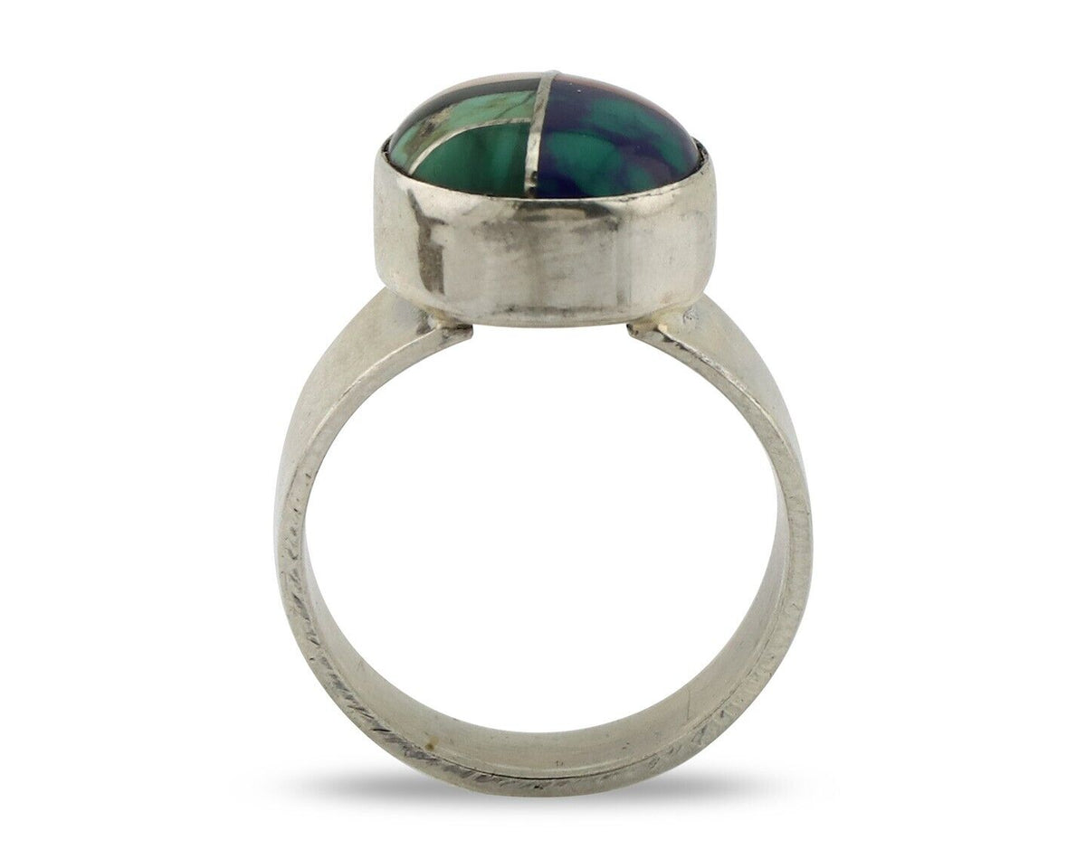 Zuni Inlaid Ring 925 Silver Mixed Natural Gemstones Native American Artist C.80s