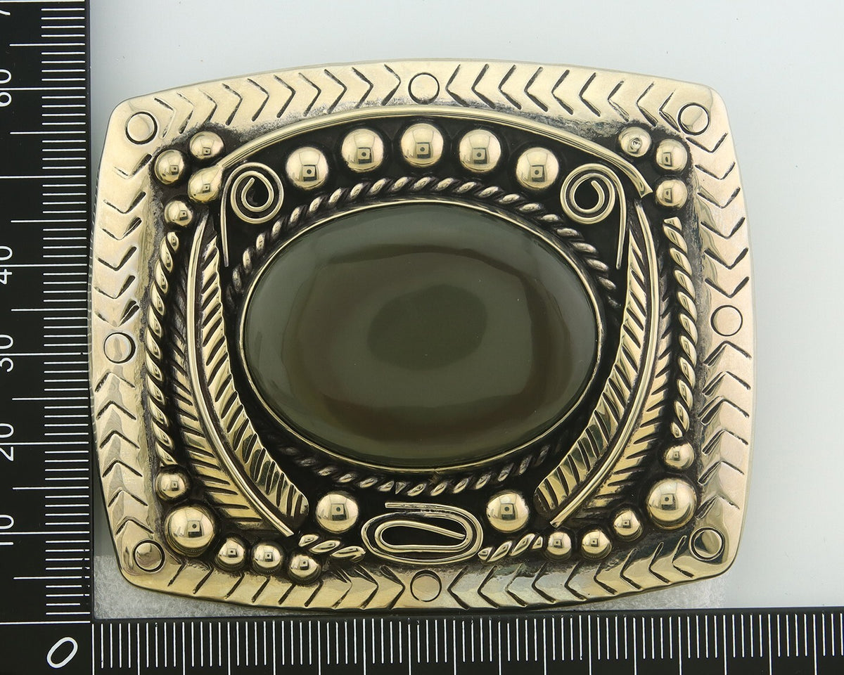 Navajo Belt Buckle .999 Nickel Agate Native Artist Handmade 2.5 x 3.0 in C.80s