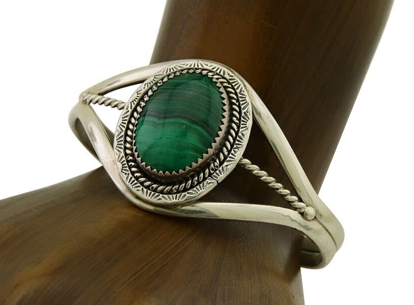 Navajo Cuff Bracelet Natural Malachite 925 Silver Native American Artist C.80s