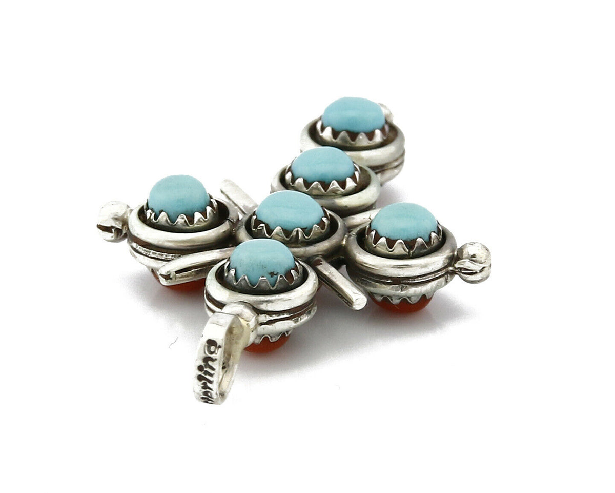 Zuni Natural Turquoise and Coral Reversible 925 Silver Handmade Pendant