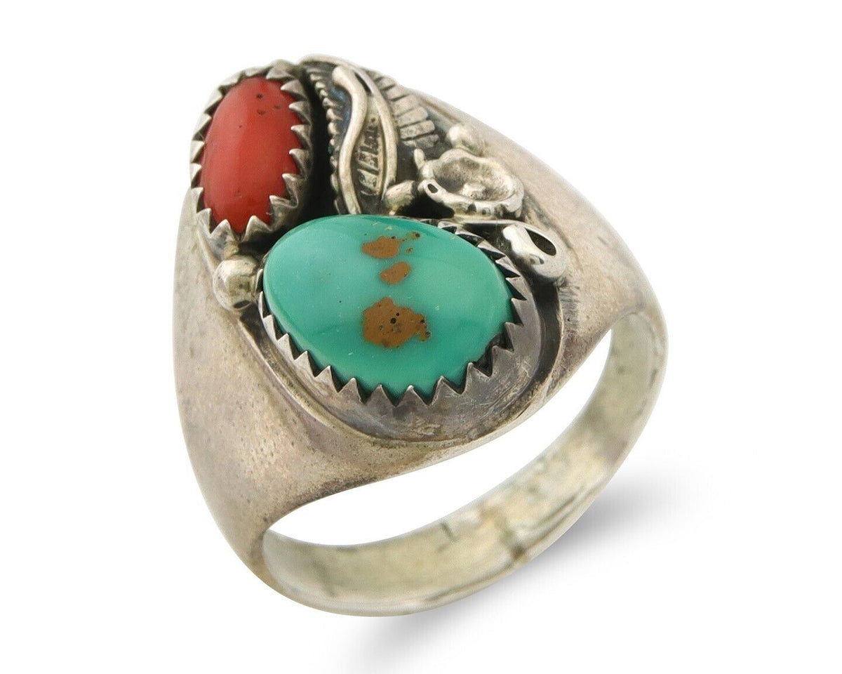 Navajo Ring 925 Sterling Turquoise & Coral Native Artist C.80's Size 6.5