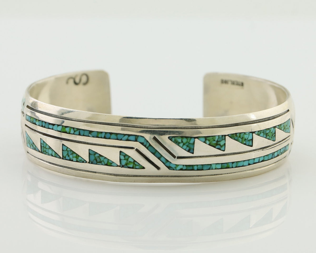 Navajo Inlay Bracelet 925 Silver Kingman Turquoise Signed Stanley Bain C.80's