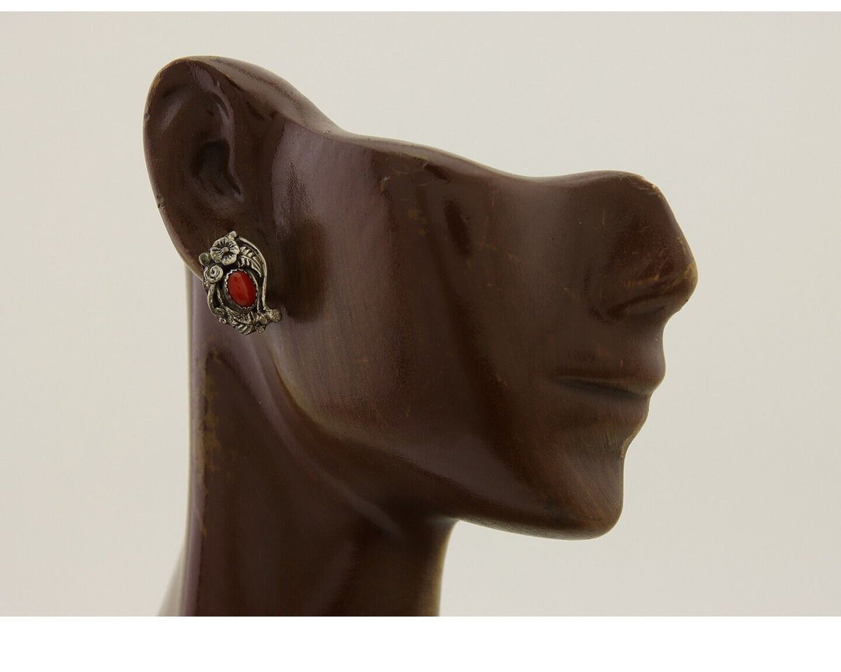 Navajo Earrings 925 Silver Natural Red Coral Artist Signed Begay C.80's