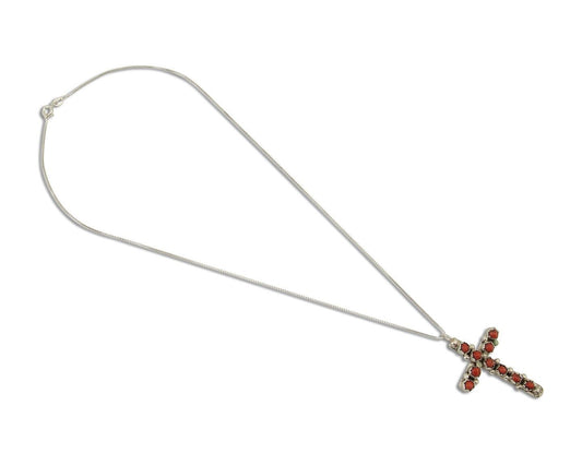 Navajo Cross Necklace 925 Silver Snake Eye Coral Native American Artist C80s