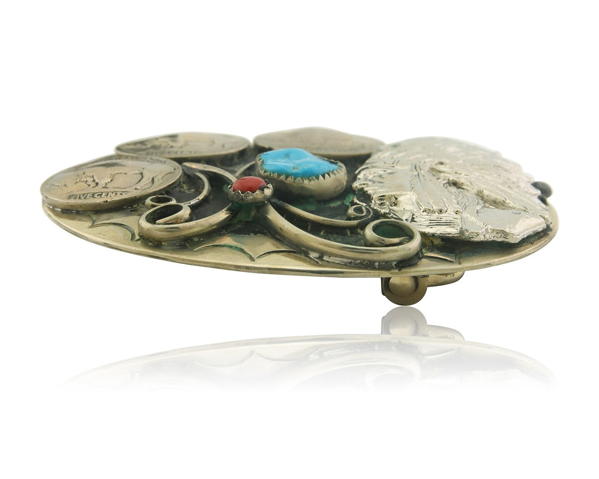 Navajo Belt Buckle .999 Nickel Buffalo Gemstone Signed Squaw Wray 2.5x3.0 in C80