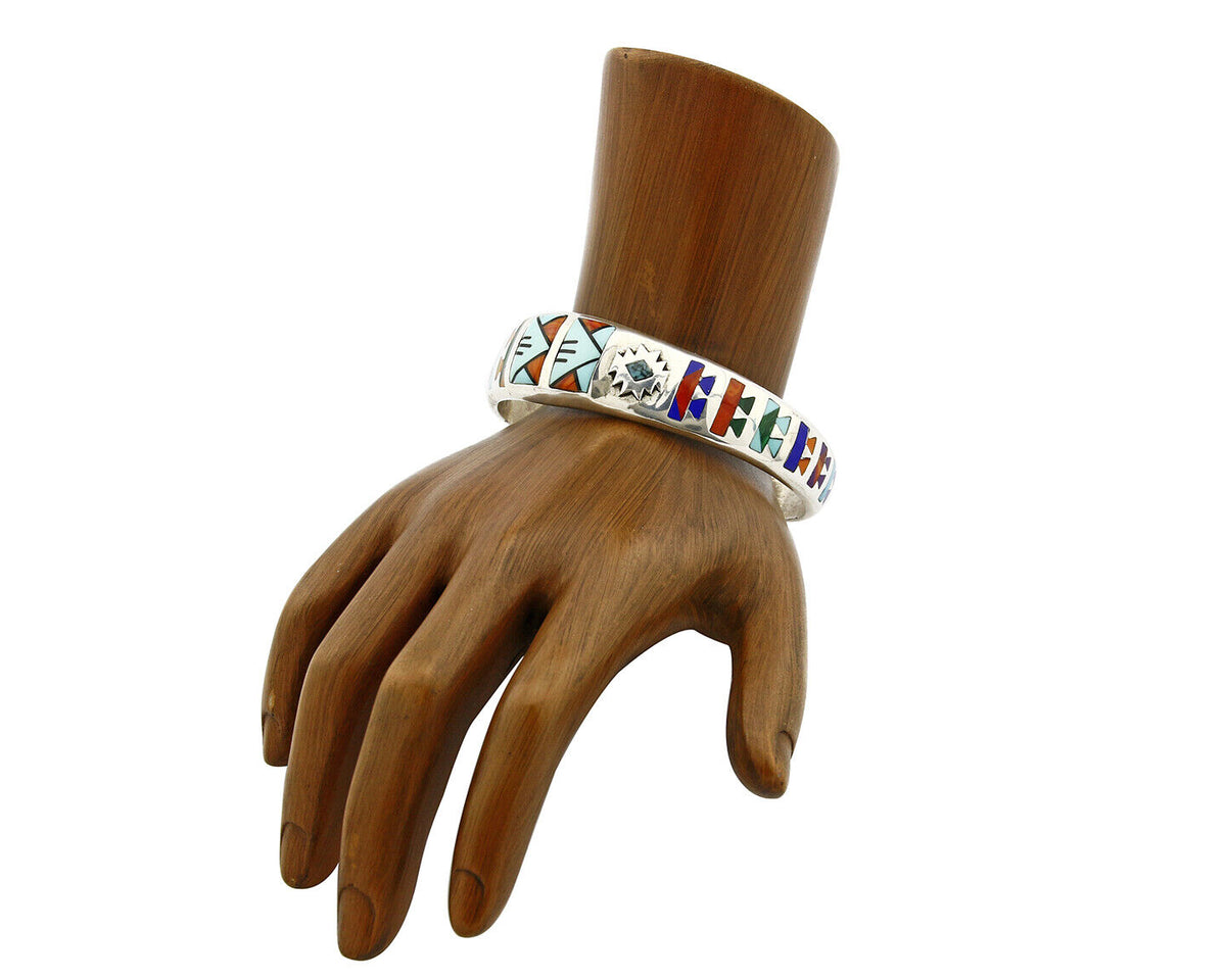 Navajo Cuff Bracelet.925 Silver Signed STC Inlay Natural Gemstones C. 1980's