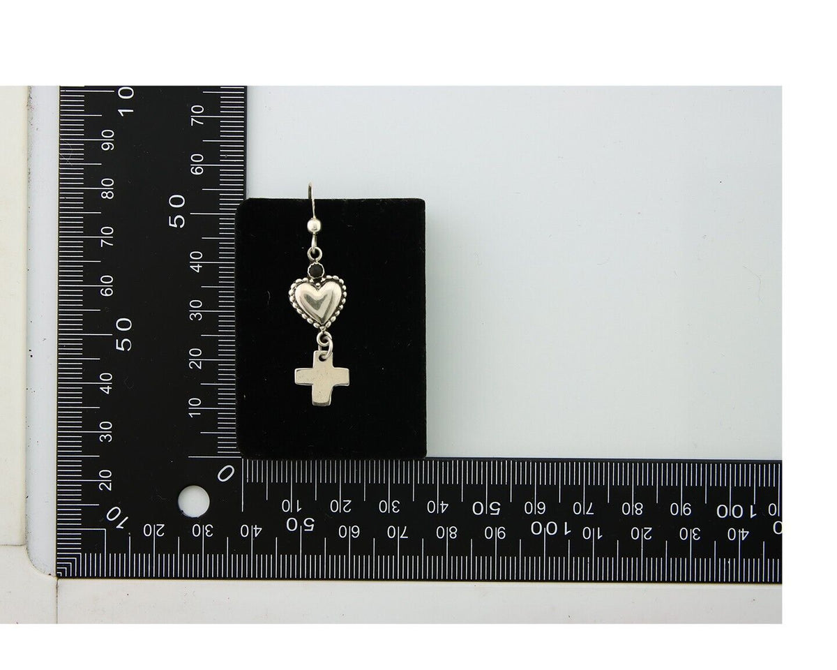 Navajo Earrings 925 Silver Heart Cross Natural Onyx Native American Artist C.80s