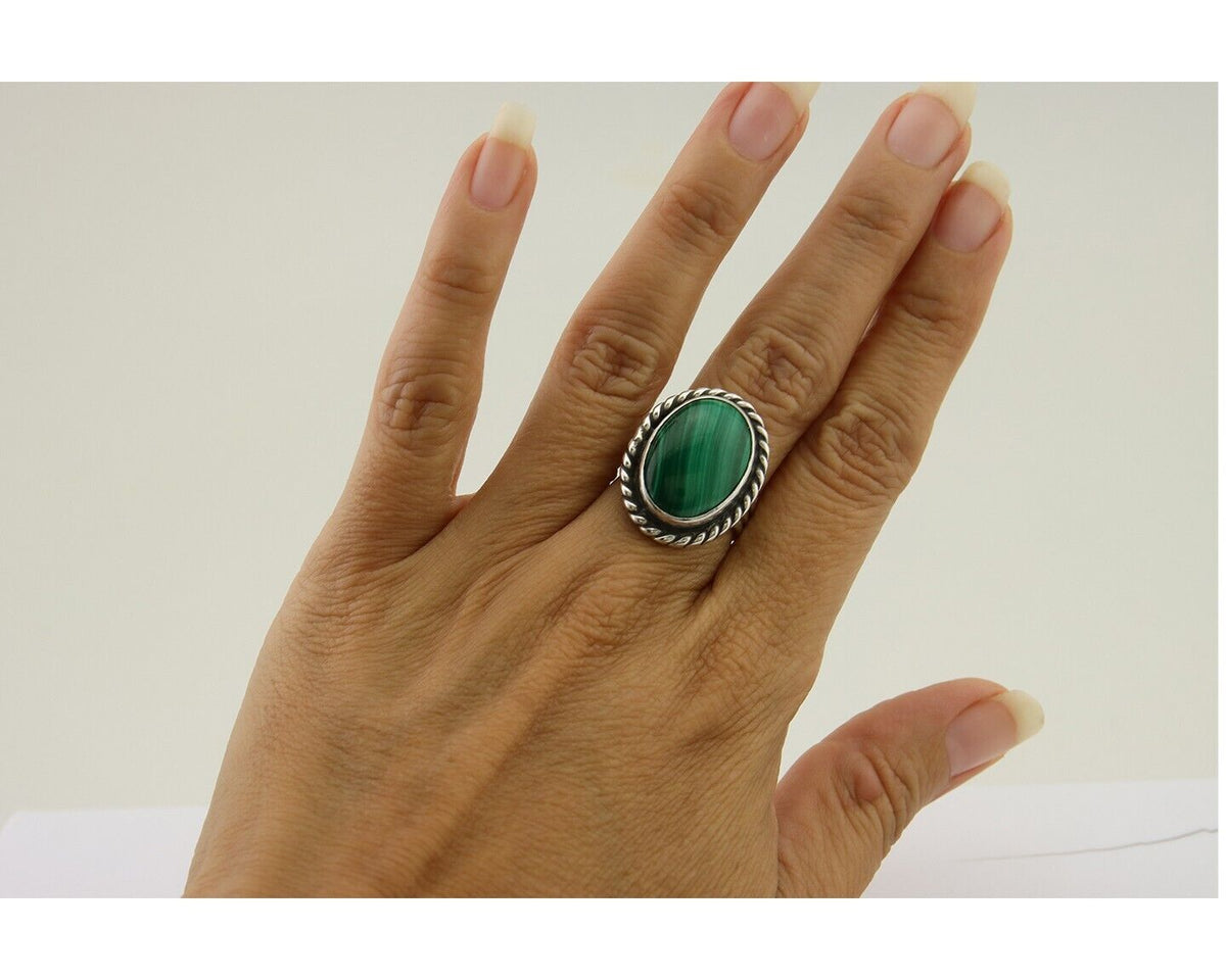 Navajo Ring 925 Silver Natural Malachite Native American Artist C.80's