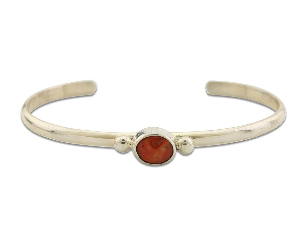 Navajo Bracelet .925 Silver Mediterranean Red Coral Cuff Native Artist C.80's