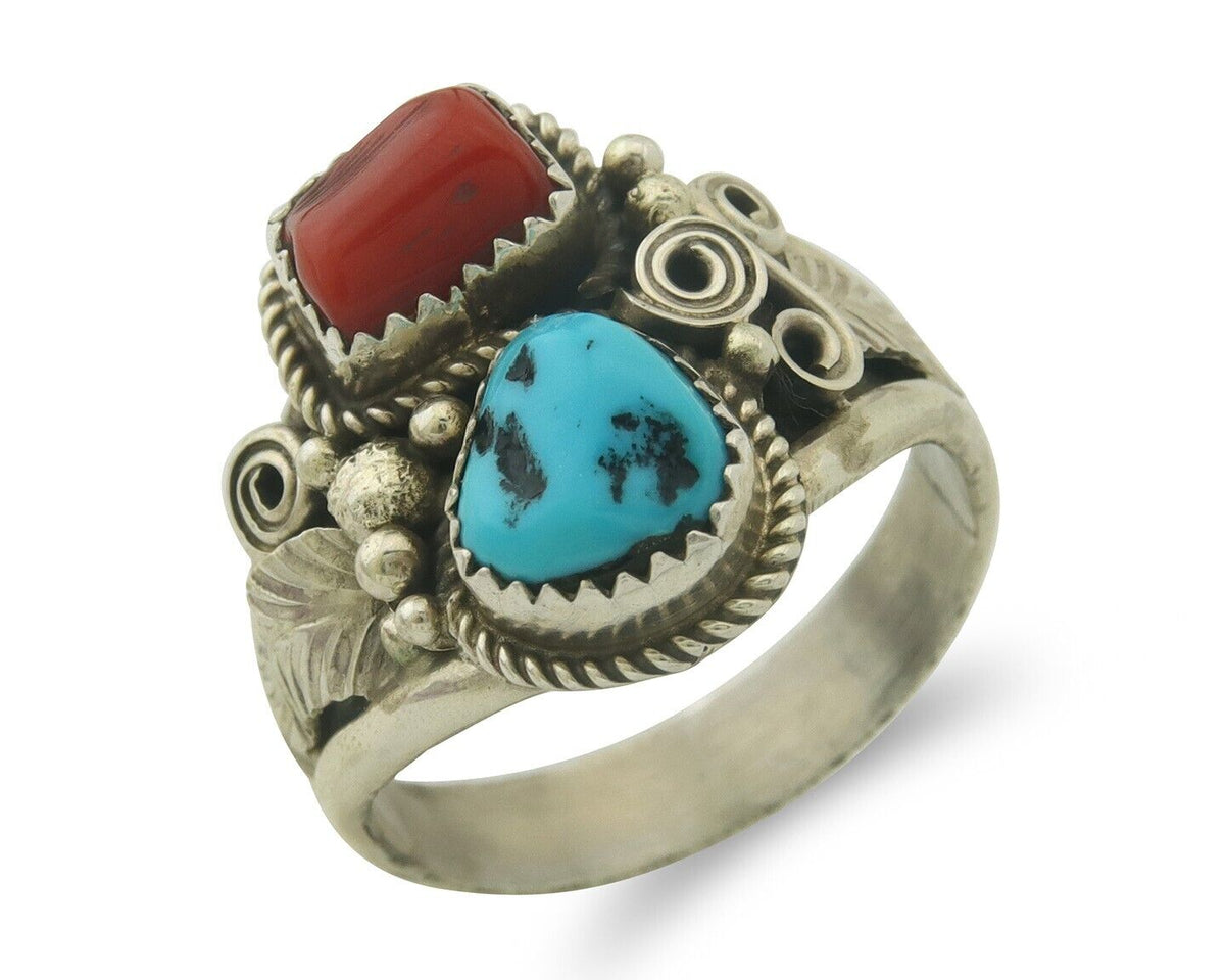Men Navajo Ring 925 Sterling Natural Coral & Turquoise Signed JM C.80's Size 13