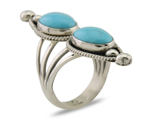 Navajo Ring 925 Silver Natural Blue Turquoise Signed Running Bear C.80's