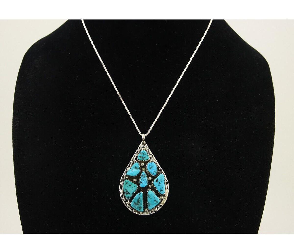 Navajo Necklace 925 Silver Natural Turquoise Artist Signed JW Tom C.80's
