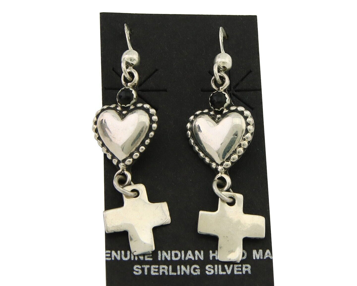 Navajo Earrings 925 Silver Heart Cross Natural Onyx Native American Artist C.80s