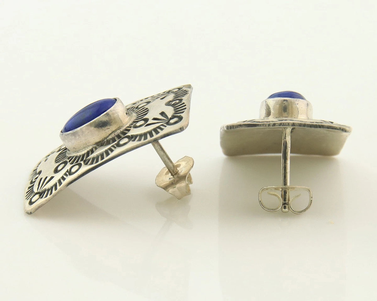 Navajo Concho Earrings Sterling Silver Lapis Vintage Native Artist
