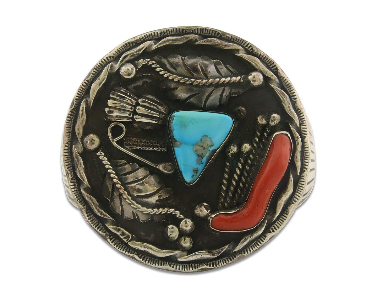 Navajo Bracelet 925 Silver Coral & Turquoise Native American Artist C.80's