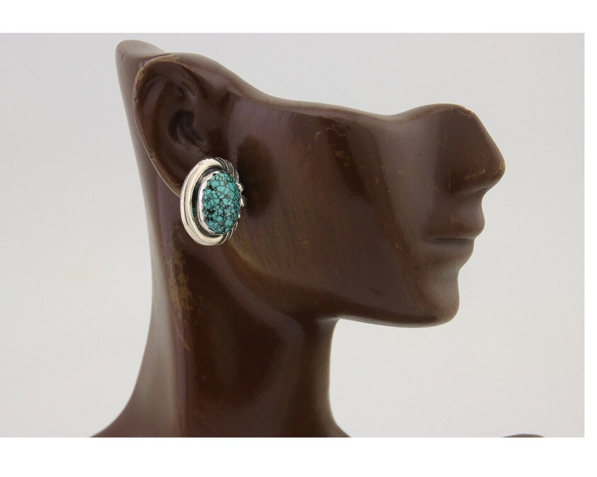 Navajo Earrings 925 Blue Spiderweb Turquoise Native American Artist C.80's