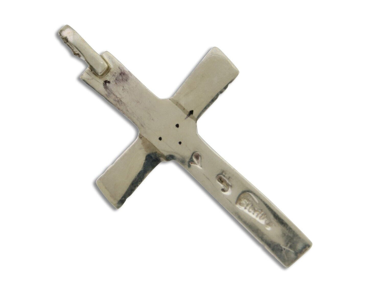 Navajo Sand Cast Cross Pendant 925 Silver Turquoise Artist Signed J Yazzie C.80s