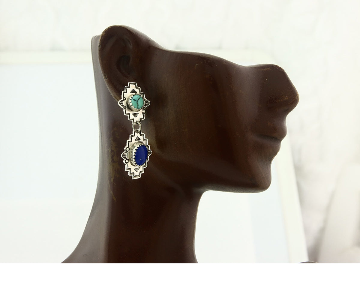 Navajo Earrings Sterling Silver Lapis & Truquoise Vintage Signed Mary Ellen