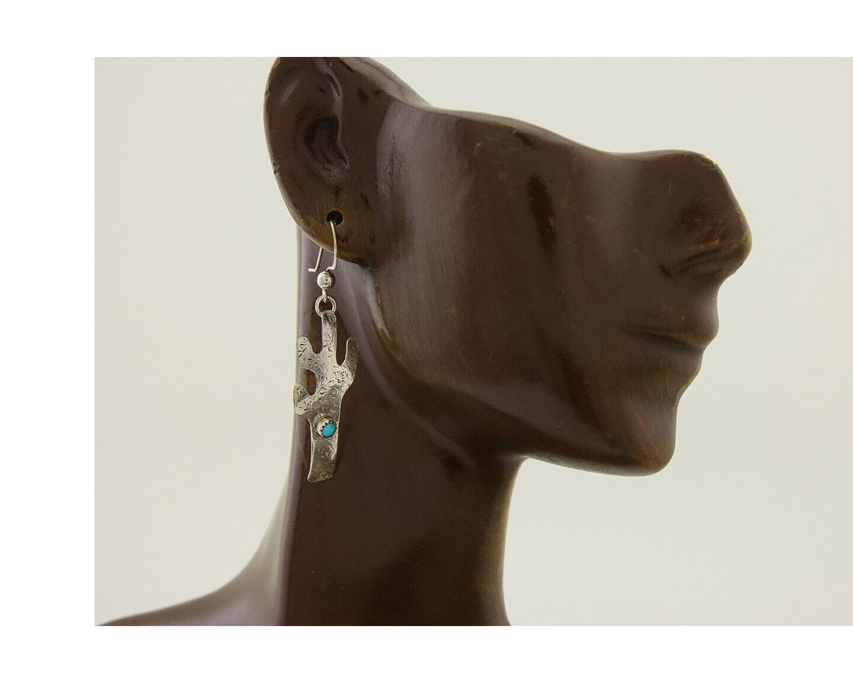 Navajo Handmade Cactus Earrings 925 Silver Natural Turquoise Native Artist C.80s