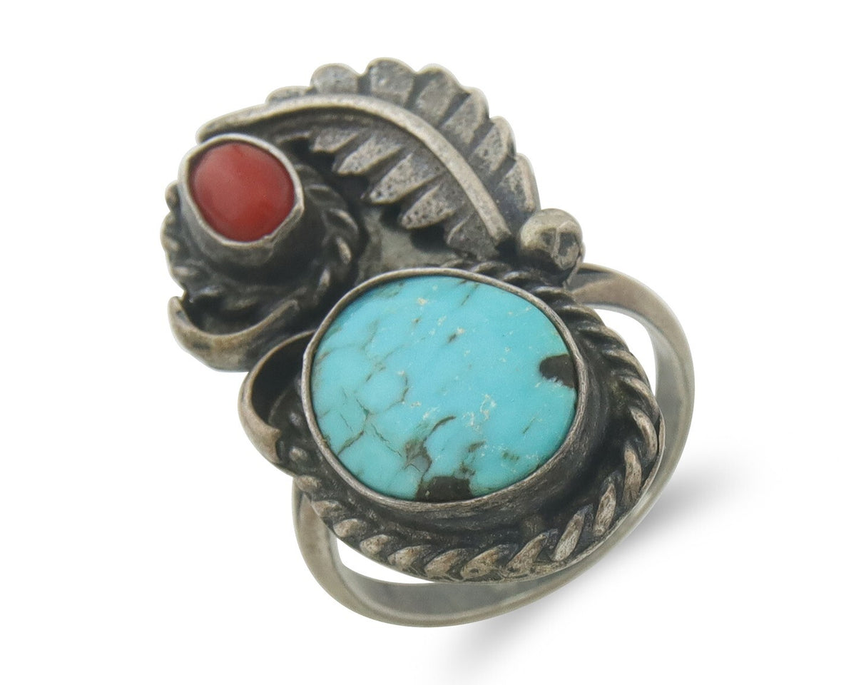 Navajo Ring 925 Sterling Natural Coral & Turquoise Native Artist C.80's Size 7.5