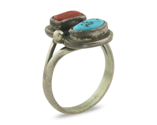 Vintage Navajo Ring 925 Sterling Natural Coral & Turquoise Native Artist Sz 9.0