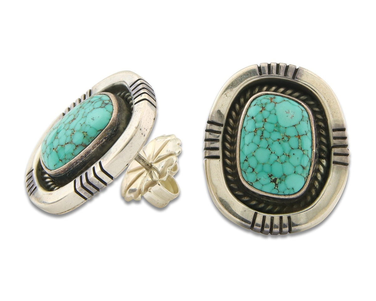 Navajo Earrings 925 Silver Spiderweb Turquoise Artist Signed Harold Becenti C80s