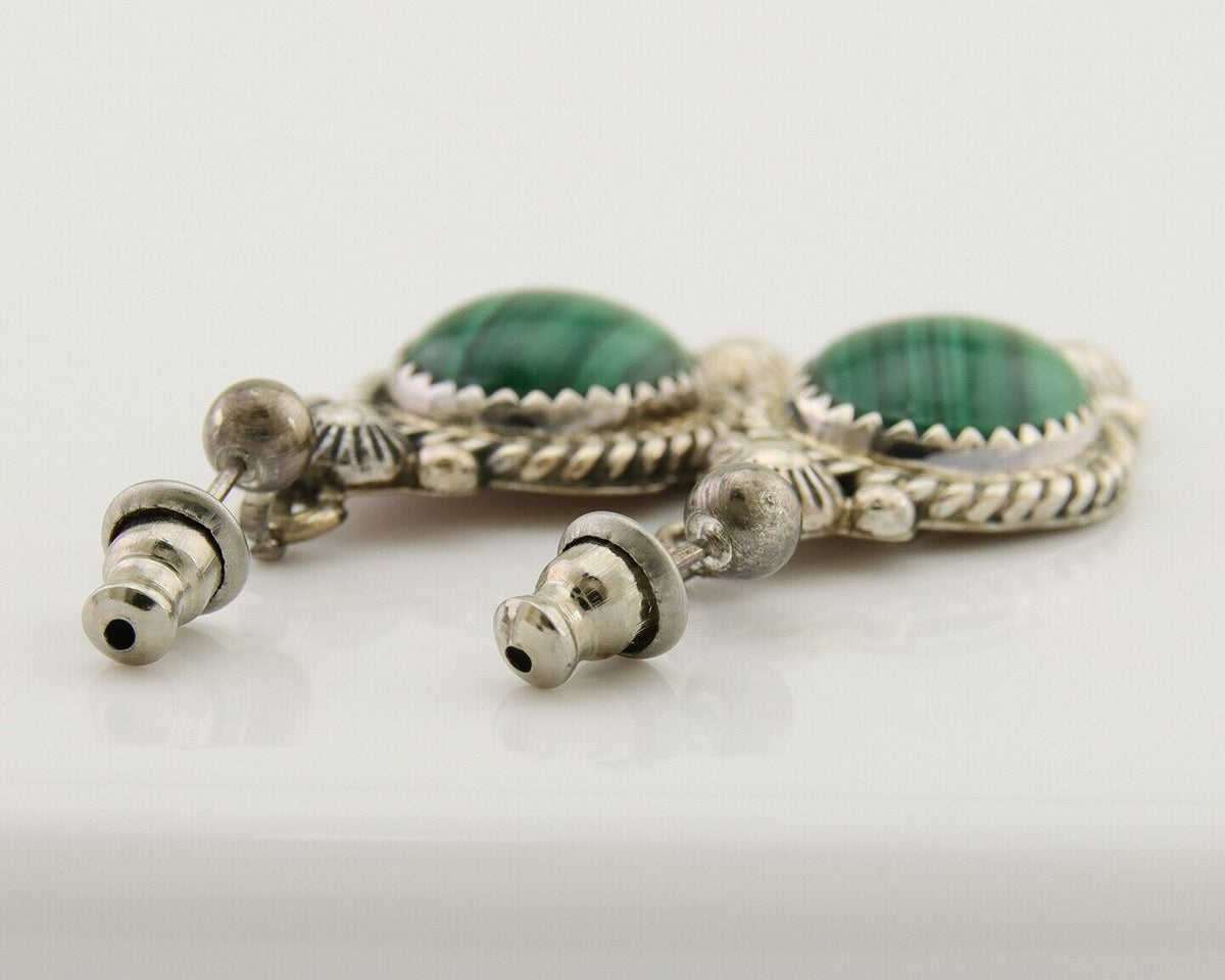 Navajo Handmade Earrings 925 Silver Malachite Native American Artist C.80's