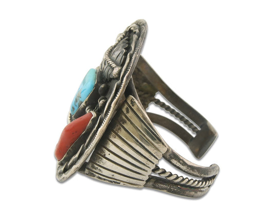 Navajo Bracelet 925 Silver Coral & Turquoise Native American Artist C.80's