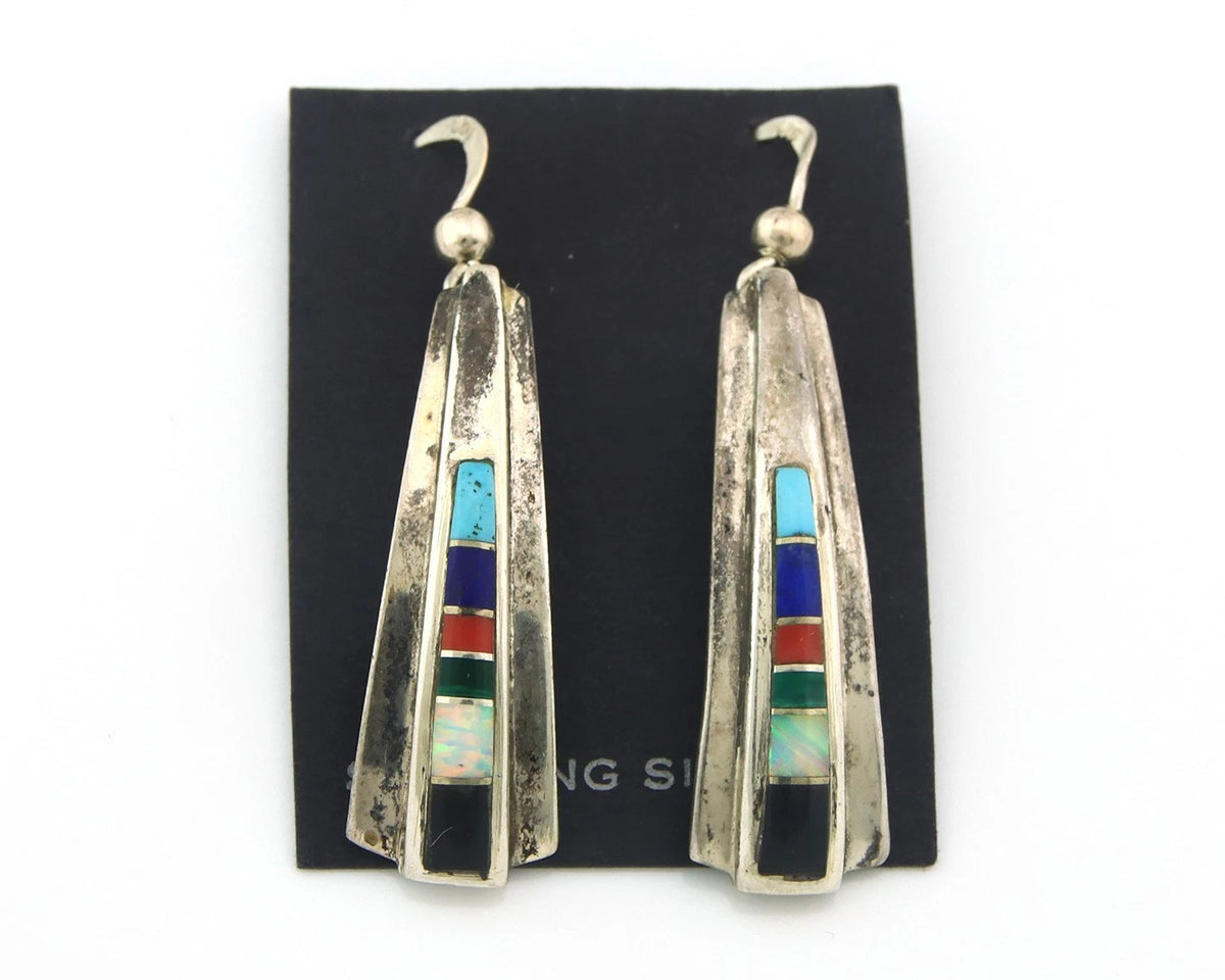 Navajo Earrings Sterling Silver Gemstones Vintage Signed EO