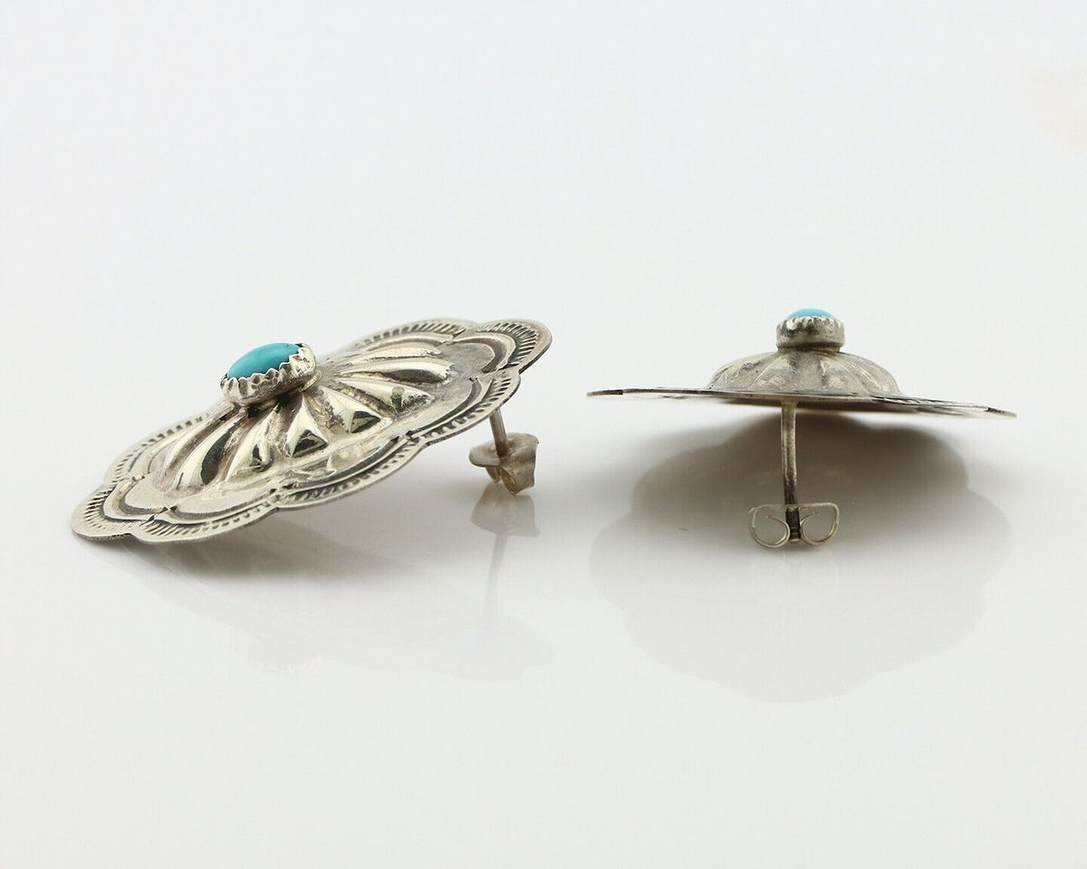 Navajo Hand Stamped Earrings 925 Silver Turquoise Native Artist C.80's