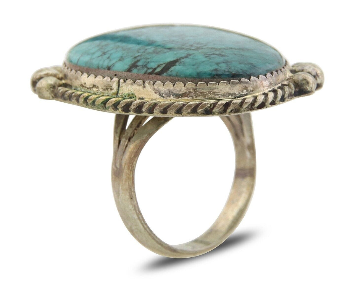 Navajo Ring 925 Sterling Spiderweb Blue Turquoise Native Artist C.80's Size 8.25
