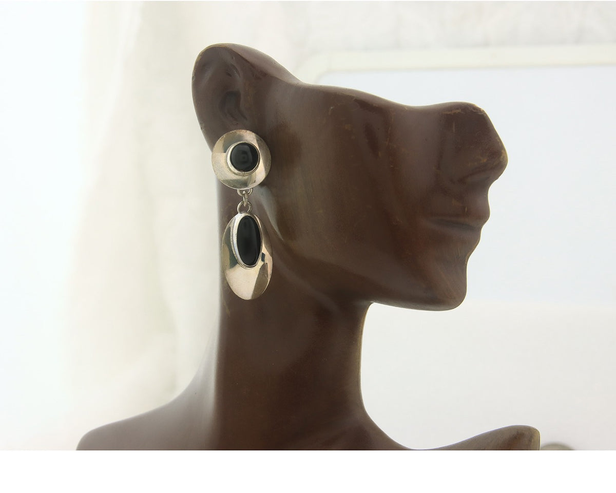 Navajo Earrings Sterling Silver Natural Onyx Dangle Vintage Handmade