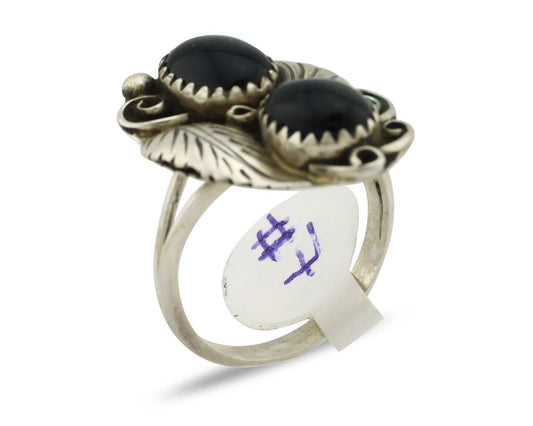 Navajo Ring 925 Silver Onyx Hand Stamped Artist Signed Tom Willeto C.80's