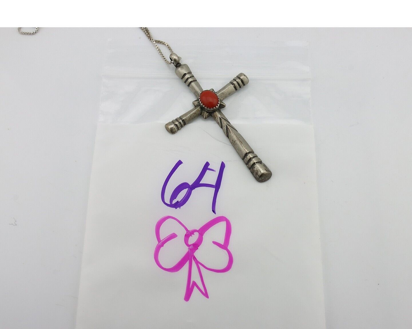 Navajo Cross Pendant 925 Silver Natural Coral Artist Signed De Chelly C.80's