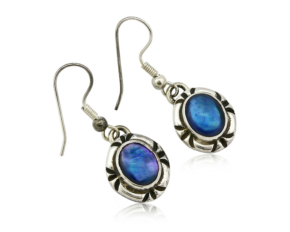 Navajo Hand Stamped Natural Mined Shell .925 SOLID Silver Dangle Earrings