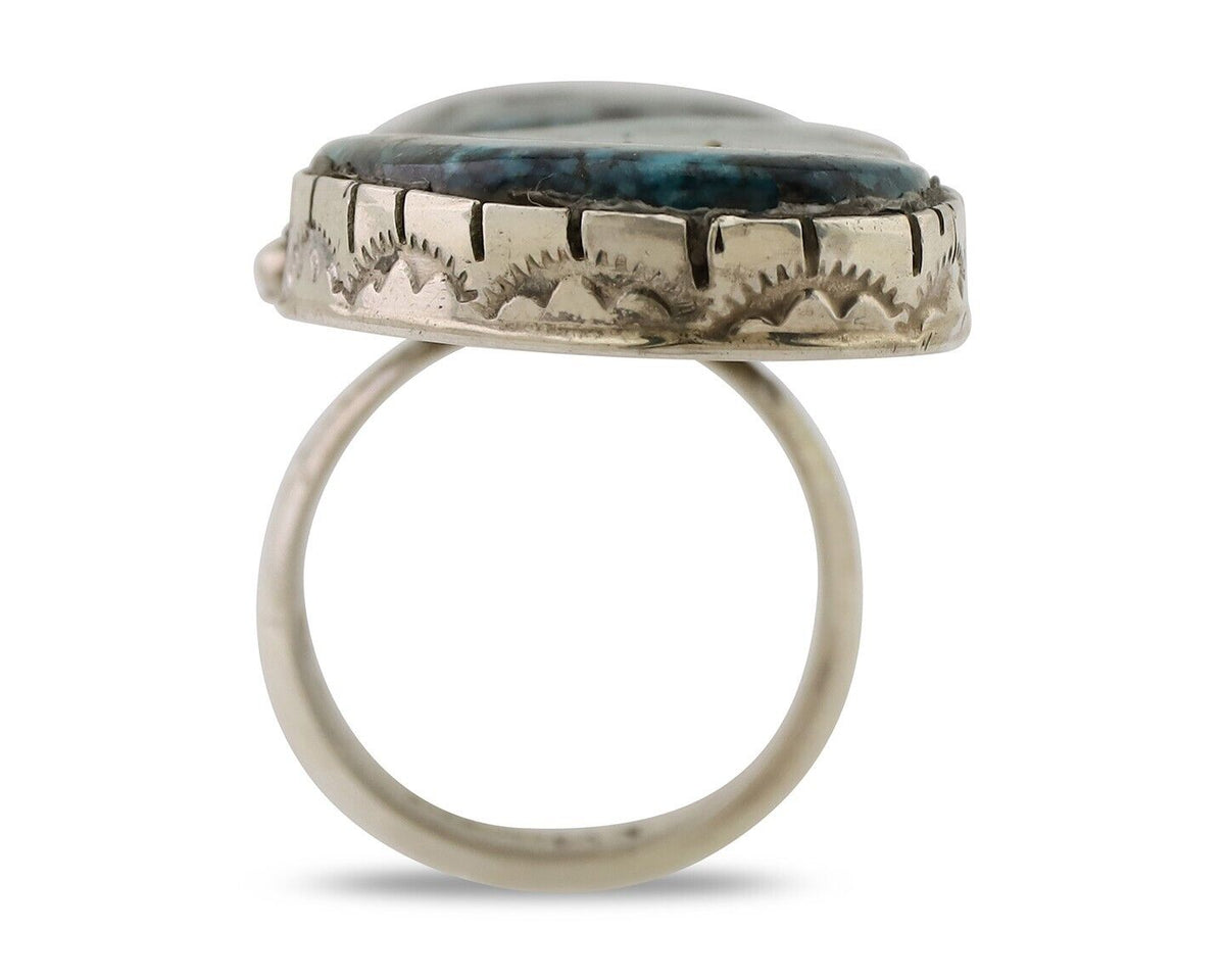 Navajo Handmade Ring 925 Silver Spiderweb Tuquoise Artist Signed MT C.80's