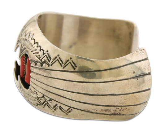 Navajo Bracelet .925 Silver Red Coral Cuff Artist Signed P Benally C.80's