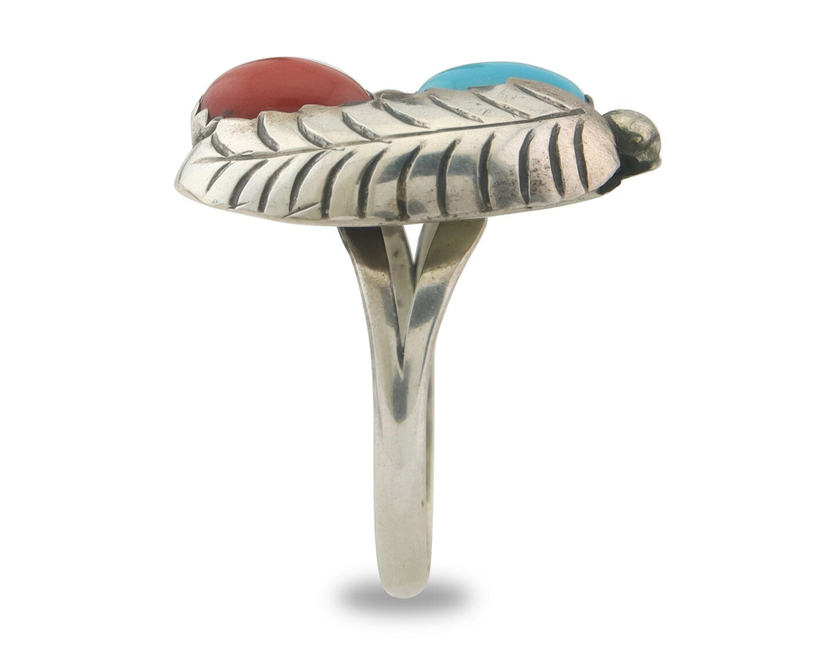 Navajo Ring 925 Sterling Natural Coral & Turquoise Signed BB C.80's Size 7.0