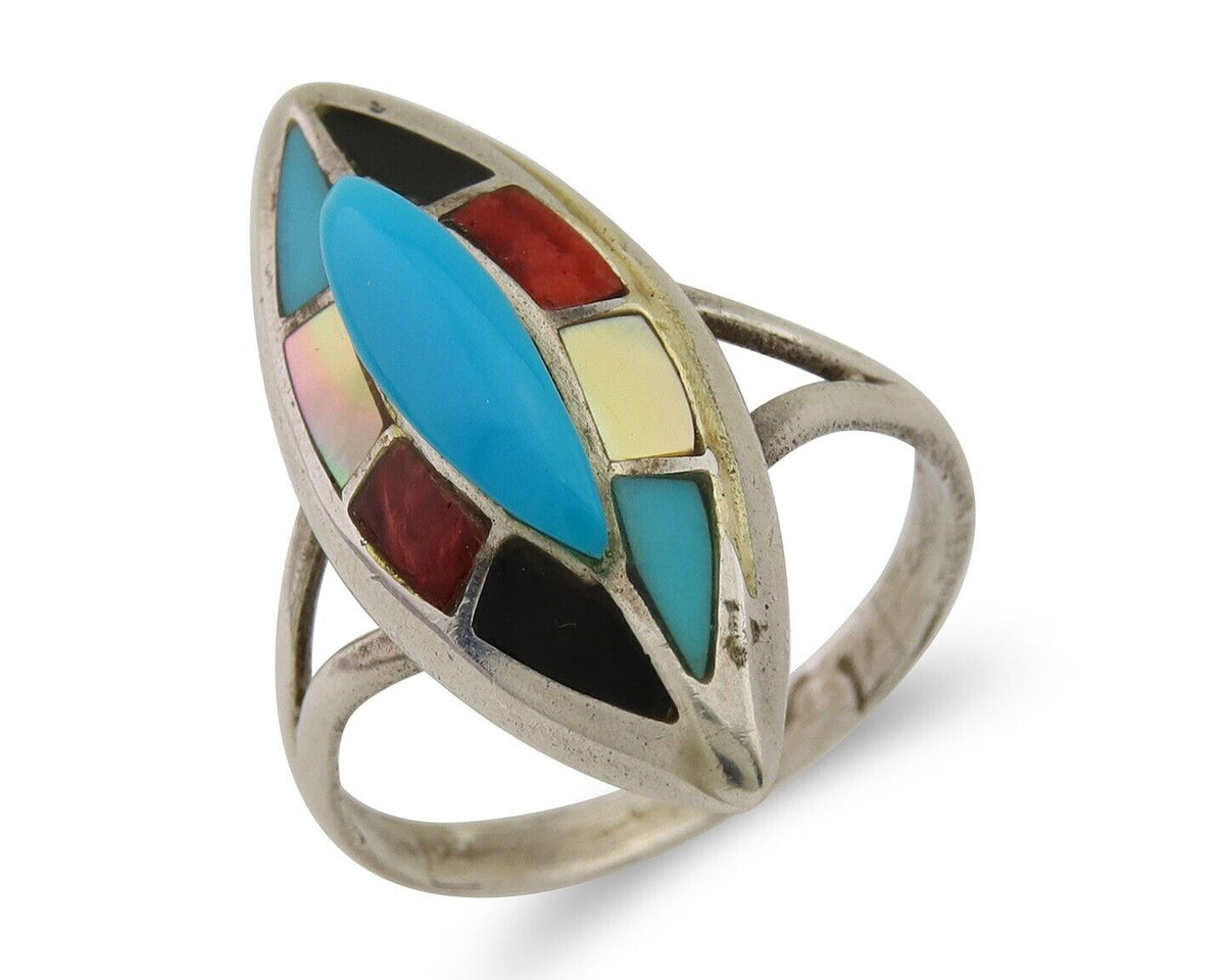 Navajo Ring 925 Silver Turquoise Shell Onyx Spiney Oyster Native Artist C80's