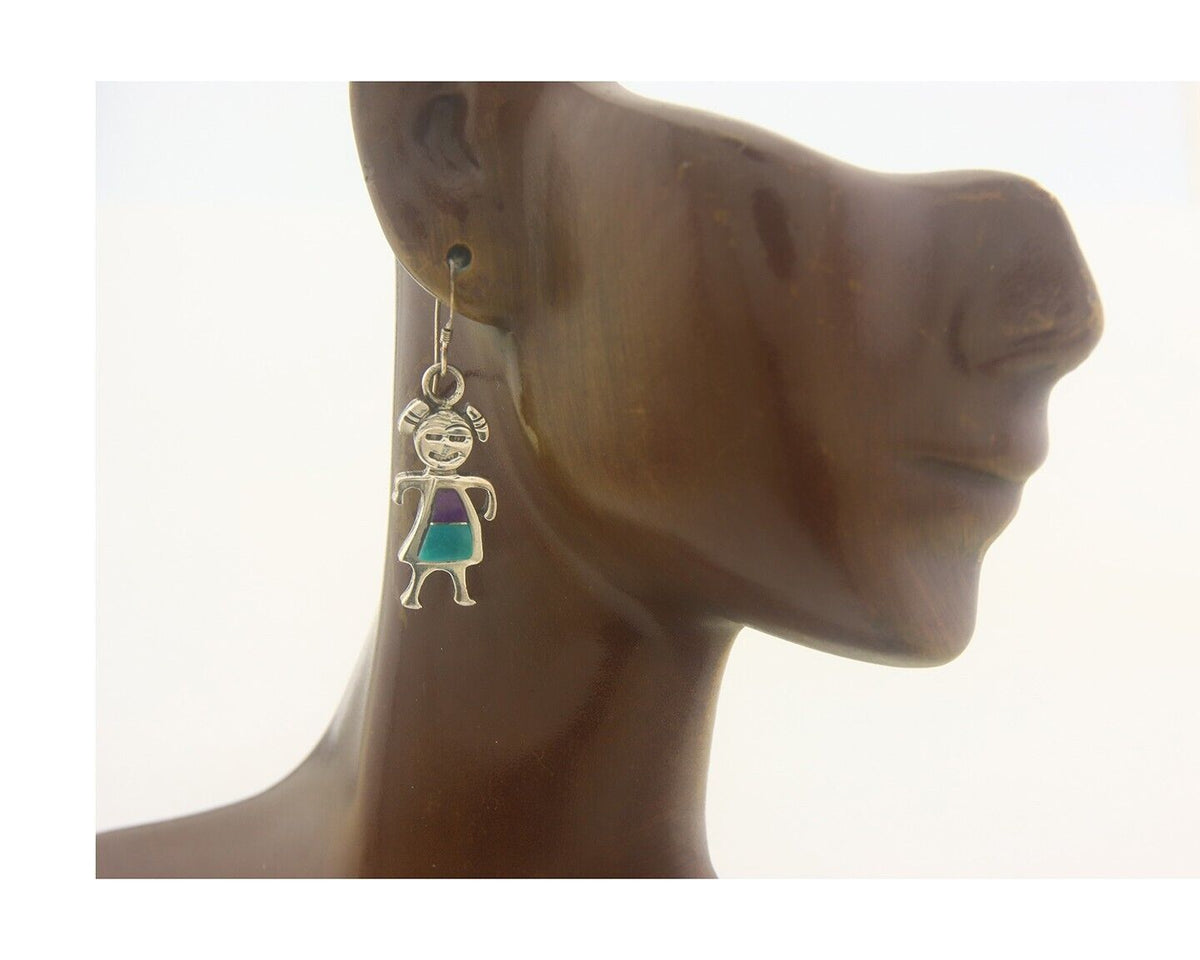 Navajo Earrings 925 Silver Natural Turquoise & Sugilite Native American C.80's