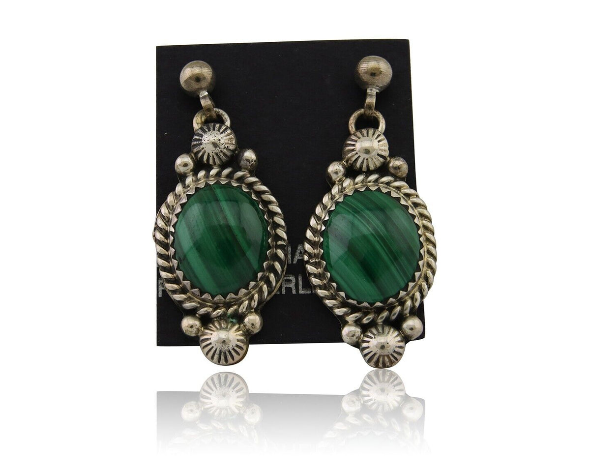Navajo Handmade Earrings 925 Silver Malachite Native American Artist C.80's