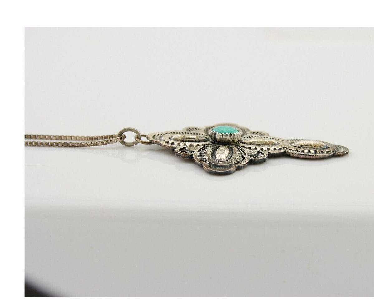 Navajo Cross Hand Stamped Necklace 925 Silver Turquoise Artist JRS C.80's