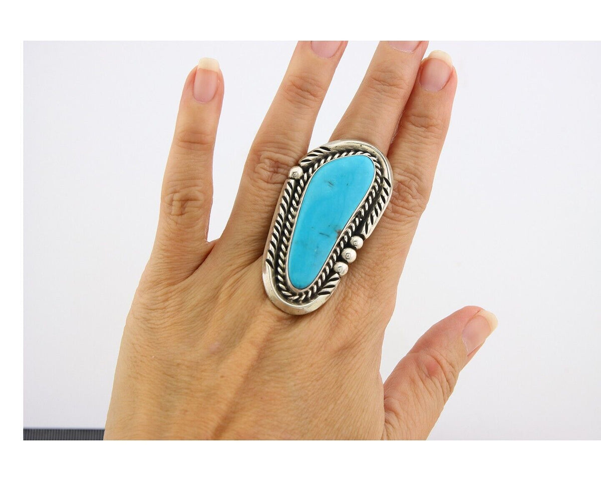 Navajo Ring 925 Sterling Natural Blue Turquoise Signed Ben S C.80's Size 9.0
