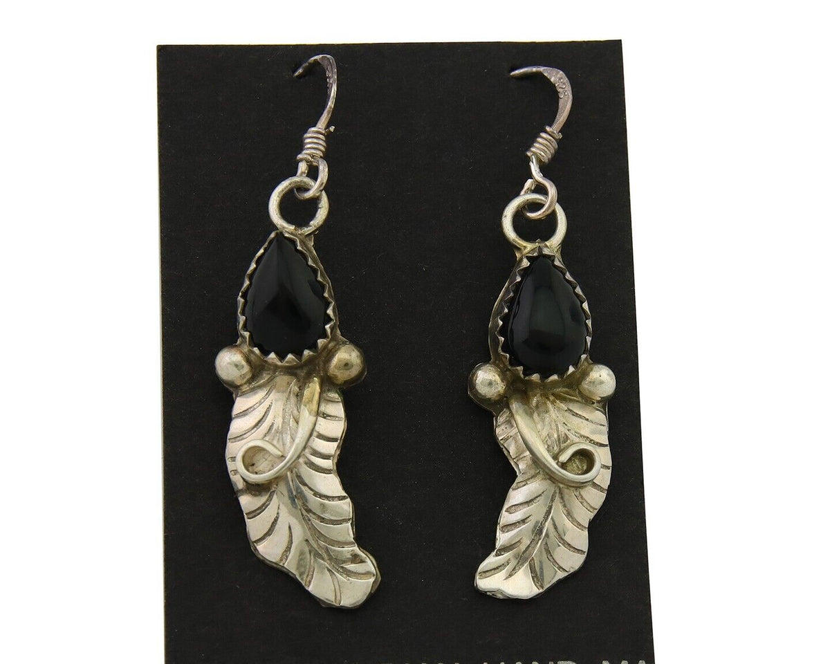 Navajo Earrings 925 Silver Handmade Natural Onyx Signed DB C.80's