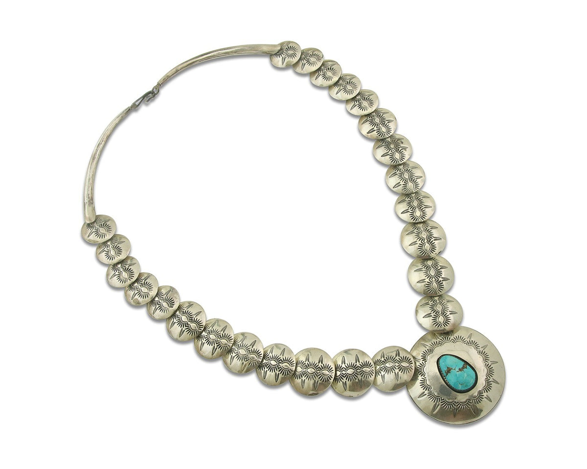 Vintage Navajo Bead Necklace 925 Siilver Turquoise Hand Stamped Native Artist