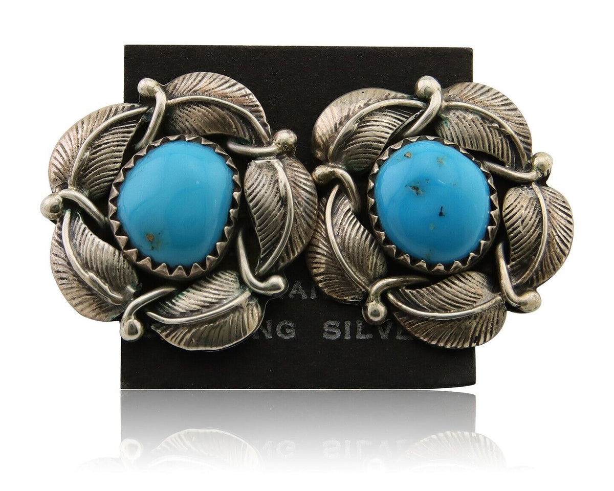 Navajo Earrings 925 Silver Inlaid Natural Turquoise Artist Signed G C.80s