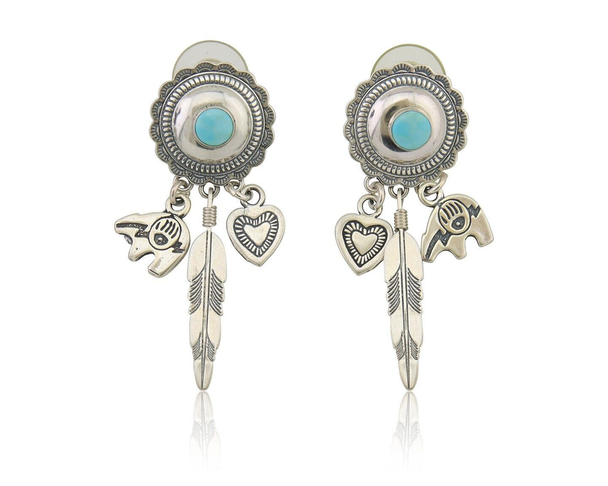 Navajo Concho Dangle Bear Feather Heart Earrings 925 Silver Natural Turquoise
