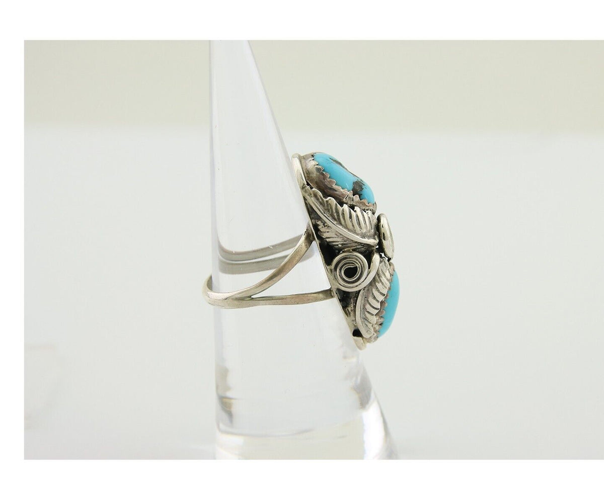 Navajo Ring .925 Silver Sleeping B Turquoise Artist Signed MP C.80's