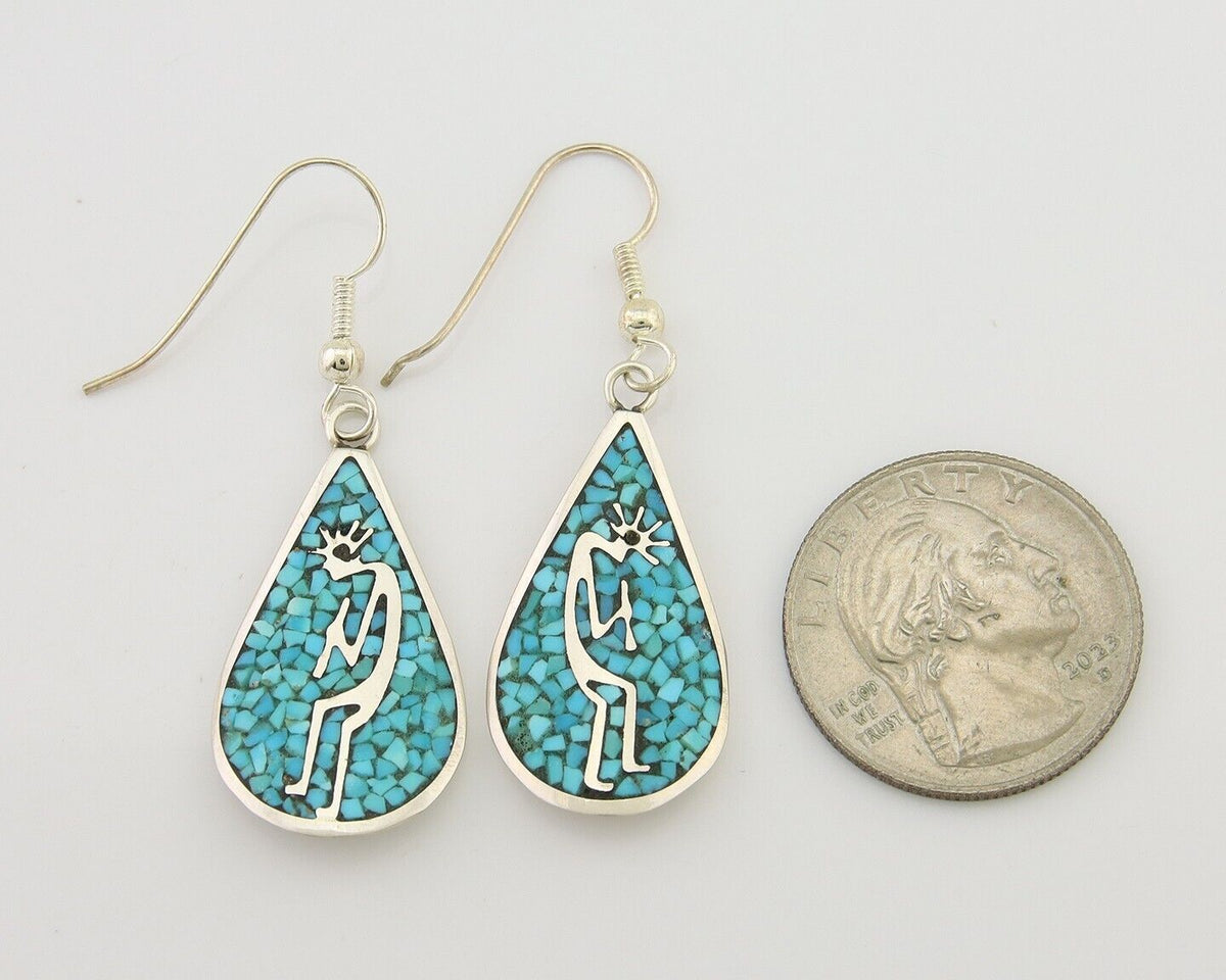 Navajo Kokopelli Earrings 999 Nickel Chip Inlay Turquoise Coral Native American