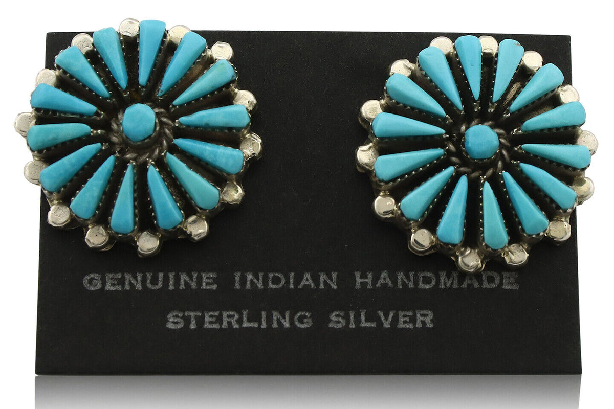 Zuni Earrings .925 Silver Petti Point Natural Blue Turquoise Native Artist C.80s